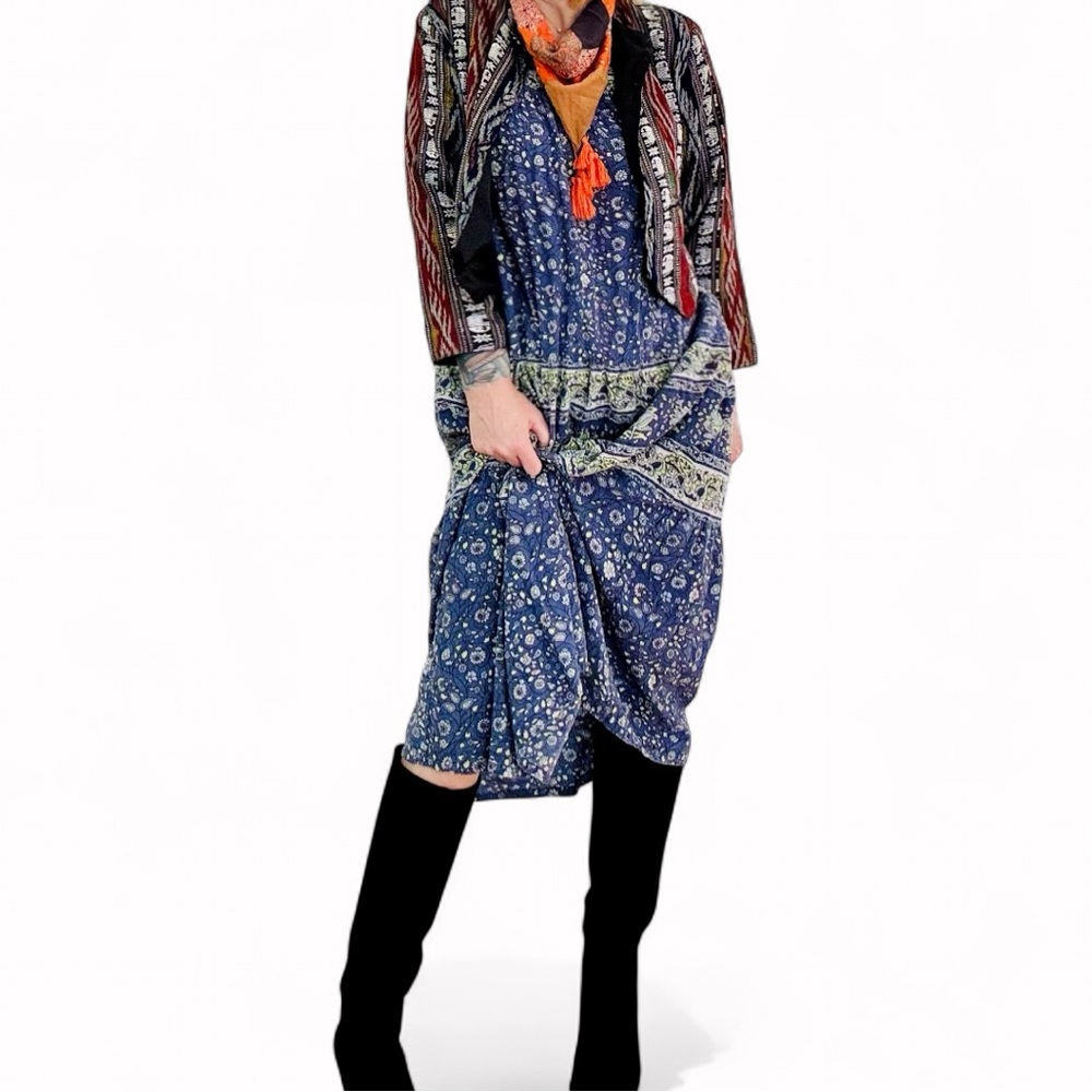 Vintage Blue Floral Indian Cotton Prairie Dress
